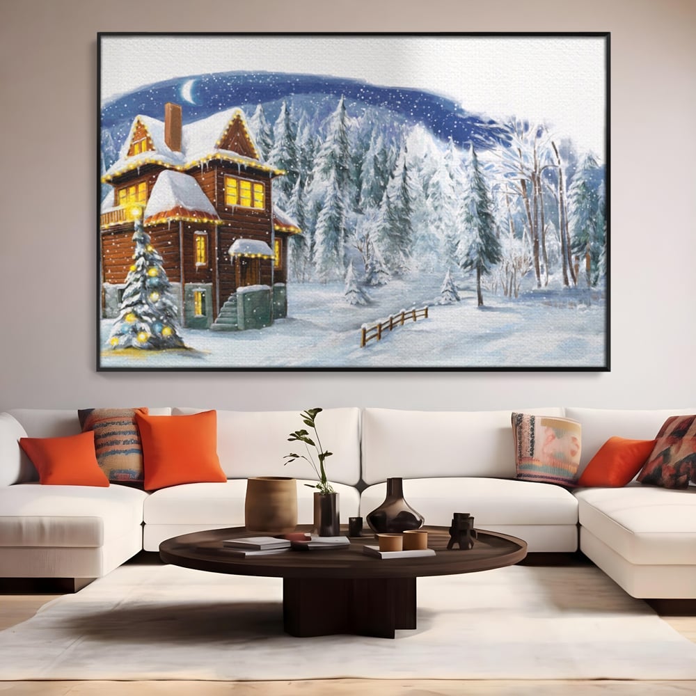 Tablou canvas cu tablou canvas cu peisaj de iarna, in rama de aluminiu negru, pe perete intr-un living